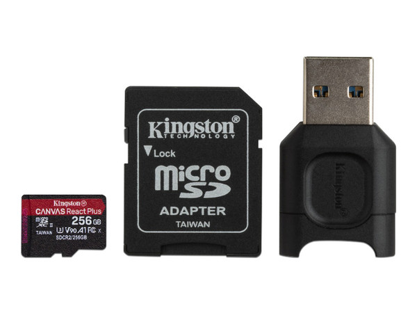 Memoria Kingston Canvas React Plus MicroSDXC UHS-II U3 de 256 GB, Clase 10, Incluye Adpatador SD y USB.