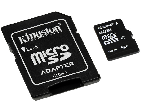 Memoria Kingston microSDHC de 16GB, Clase 10, incluye adaptador SD.
