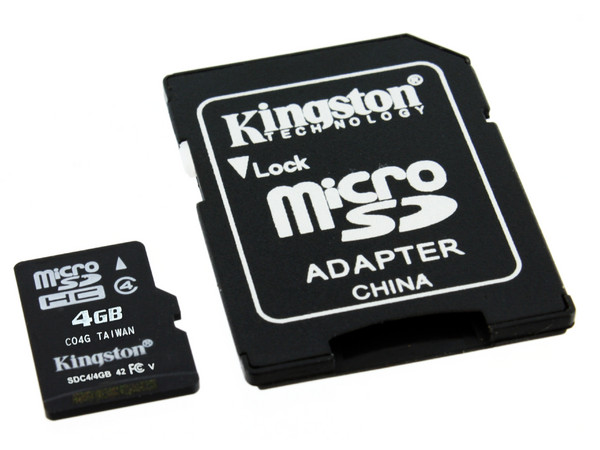 Memoria Kingston microSDHC de 4GB Clase 10, incluye adaptador SD.