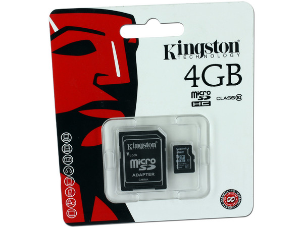 Memoria Kingston microSDHC de 4GB Clase 10, incluye adaptador SD.