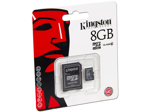 Memoria Kingston microSDHC de 8GB Clase 10, incluye adaptador SD.