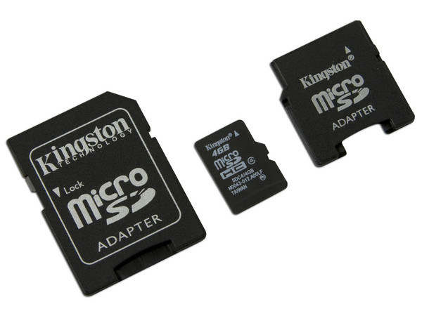 Memoria Kingston microSDHC de 4GB, incluye adaptadores SD y miniSD