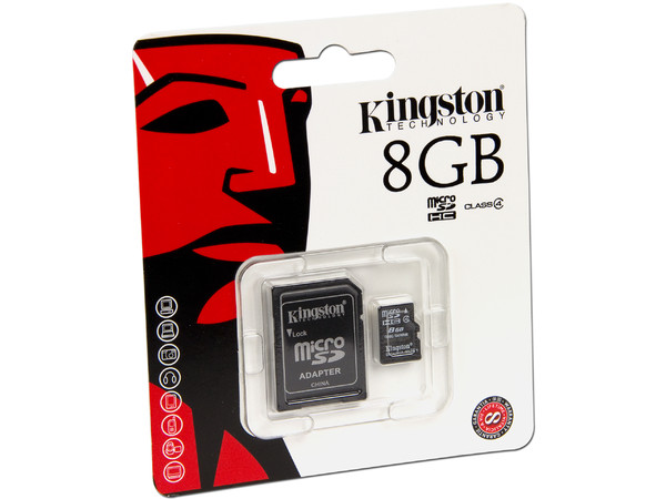 Memoria Kingston microSDHC de 8 GB, Clase 4, incluye adaptador SD.