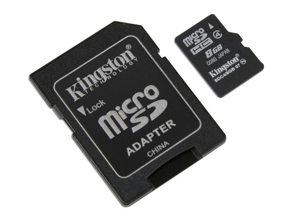 Memoria Kingston microSDHC de 8 GB, Clase 4, incluye adaptador SD.