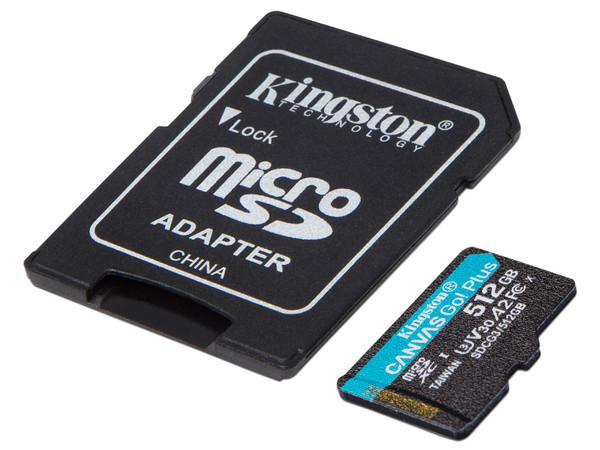 Memoria MicroSDXC Kingston CANVAS Go! Plus de 512GB, UHS-II U3, Clase 10. Incluye adaptador SD.