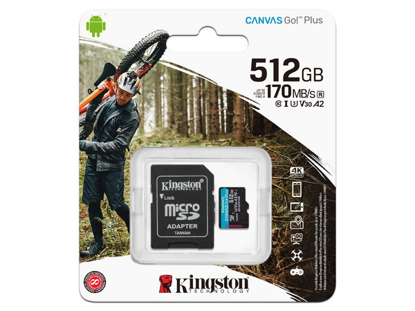 Memoria MicroSDXC Kingston CANVAS Go! Plus de 512GB, UHS-II U3, Clase 10. Incluye adaptador SD.