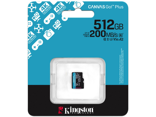 Memoria microSDXC Kingston Canvas Go! Plus de 512GB, UHS-I U3, Clase 10.