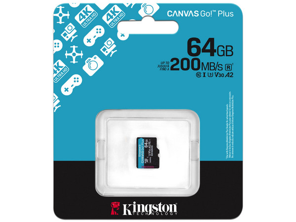 Memoria MicroSDXC Kingston Canvas Go! Plus de 64GB, UHS-I U3, Clase 10.

