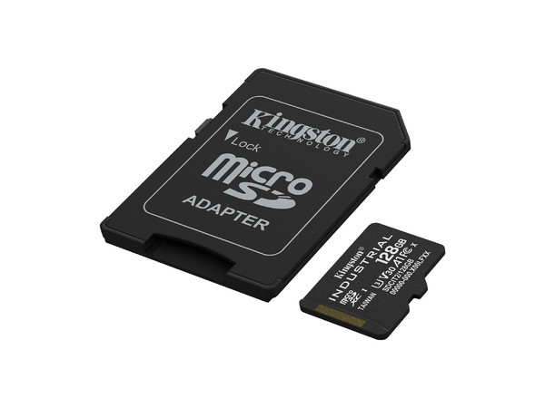 Memoria Kingston Industrial MicroSDXC UHS-1 U3 de 128 GB, Clase 10, Incluye adaptador SD.