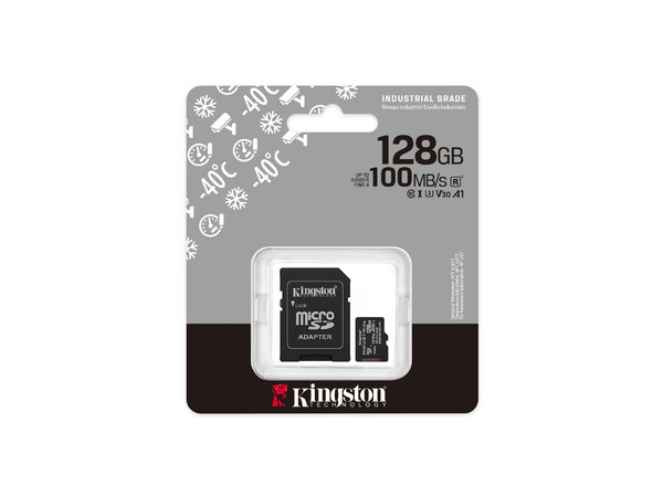 Memoria Kingston Industrial MicroSDXC UHS-1 U3 de 128 GB, Clase 10, Incluye adaptador SD.