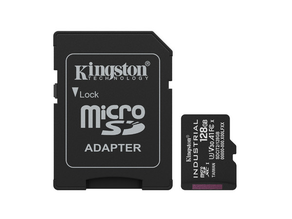Memoria Kingston Industrial MicroSDXC UHS-1 U3 de 128 GB, Clase 10, Incluye adaptador SD.