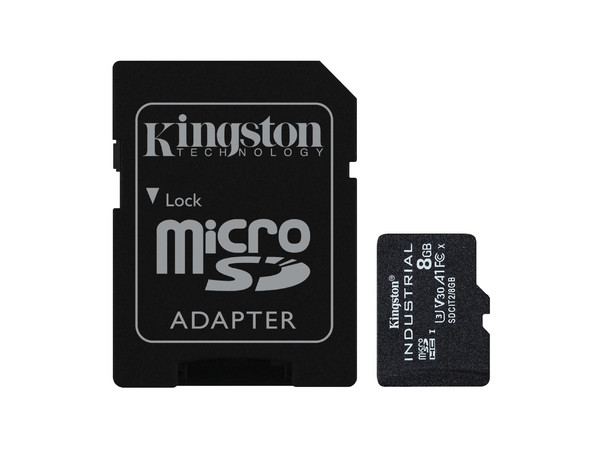 Memoria microSD KINGSTON de 8GB, Industrial Clase 10 UHS-I U3 V30 A1, con Adaptador.
