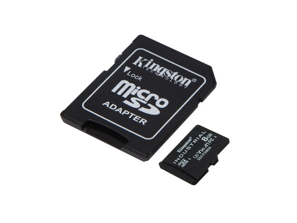 Memoria microSD KINGSTON de 8GB, Industrial Clase 10 UHS-I U3 V30 A1, con Adaptador.
