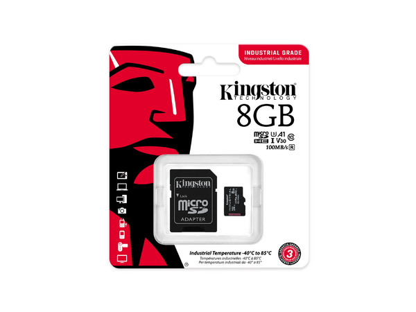 Memoria microSD KINGSTON de 8GB, Industrial Clase 10 UHS-I U3 V30 A1, con Adaptador.
