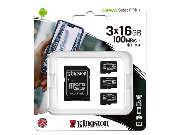 Kit de 3 Memorias Kingston Canvas Select Plus MicroSDHC UHS-I U1 V10 A1 de 16GB, Clase 10, incluye 1 Adaptador SD.