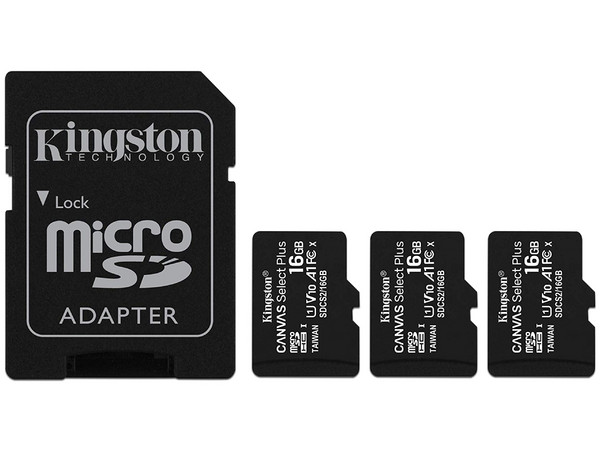 Kit de 3 Memorias Kingston Canvas Select Plus MicroSDHC UHS-I U1 V10 A1 de 16GB, Clase 10, incluye 1 Adaptador SD.