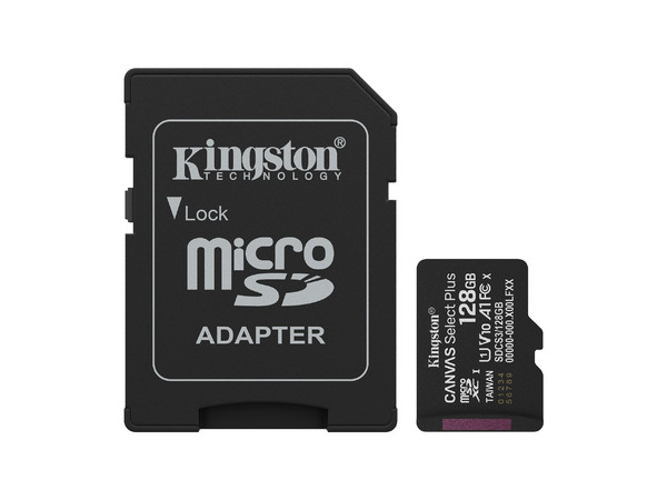Memoria Kingston Canvas Select Plus MicroSDXC de 128 GB Clase 10, incluye adaptador SD.
