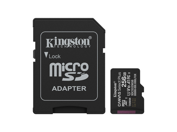 Memoria Kingston MicroSDXC UHS-I U1 Canvas Select Plus de 256GB, Gen 3, 150 MB/s, Clase 10. Incluye adaptador.
