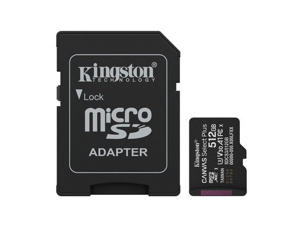 Memoria Kingston MicroSDXC Canvas Select Plus Gen 3 de 512GB, V30, Clase 10. Incluye adaptador.
