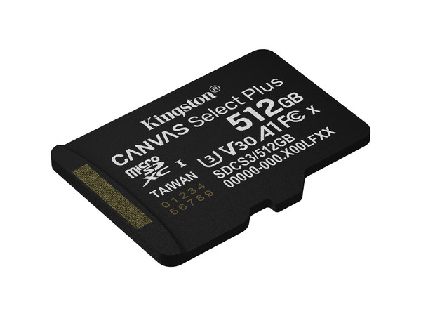 Memoria MicroSD Kingston SDXC Canvas Select Plus 512GB, 150MB/s, UHS-I U3 V30, Sin Adaptador.