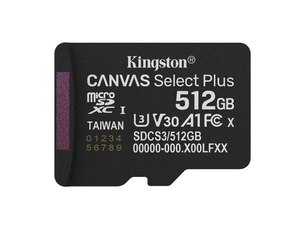 Memoria MicroSD Kingston SDXC Canvas Select Plus 512GB, 150MB/s, UHS-I U3 V30, Sin Adaptador.