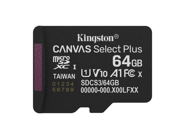 Memoria Kingston MicroSDXC UHS-I U1 Canvas Select Plus de 64GB, A1, Gen 3, 100 MB/s, Clase 10. Incluye adaptador.
