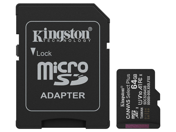 Memoria Kingston MicroSDXC UHS-I U1 Canvas Select Plus de 64GB, A1, Gen 3, 100 MB/s, Clase 10. Incluye adaptador.
