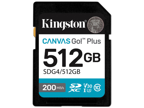 Tarjeta SD, Kingston, 512 GB, Canvas Go Plus, Clase 10, U3, V30, SDG4/512GB.