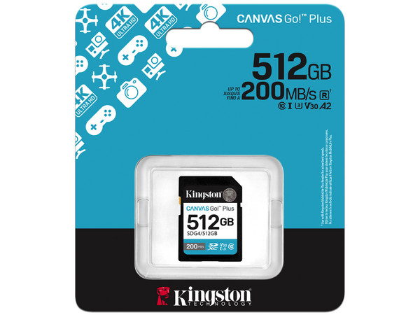 Tarjeta SD, Kingston, 512 GB, Canvas Go Plus, Clase 10, U3, V30, SDG4/512GB.