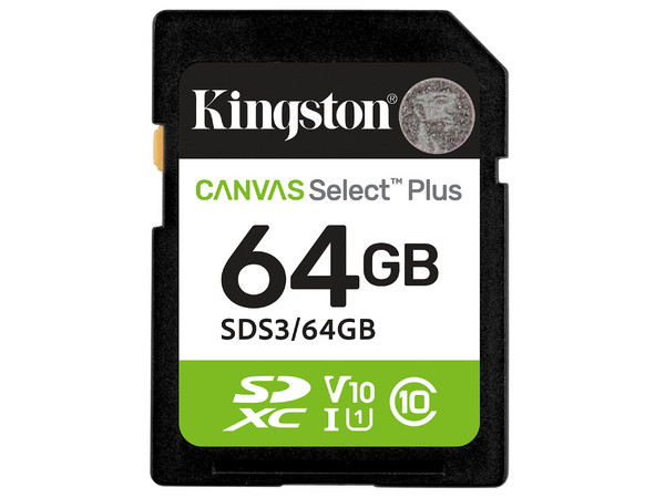 Memoria Kingston SDXC UHS-I U1 Canvas Select Plus de 64GB, Gen 3, 100 MB/s, Clase 10.
