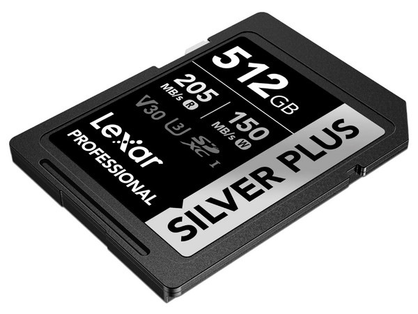 Memoria Lexar Professional Silver Plus SDXC UHS-I de 512 GB, Clase V30, Velocidad de Lectura de 205 MB/s.