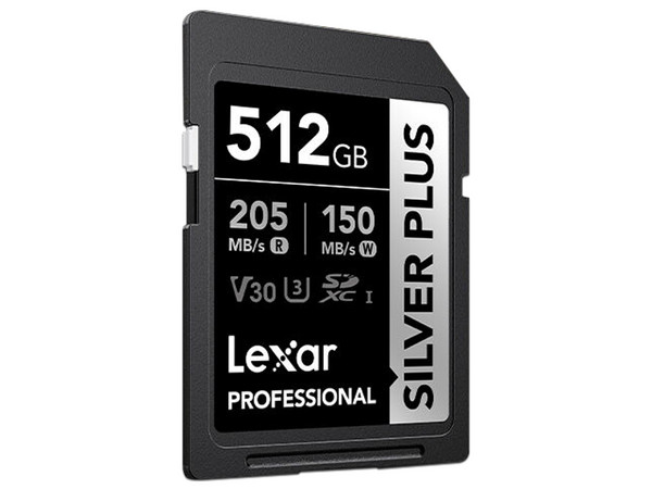 Memoria Lexar Professional Silver Plus SDXC UHS-I de 512 GB, Clase V30, Velocidad de Lectura de 205 MB/s.