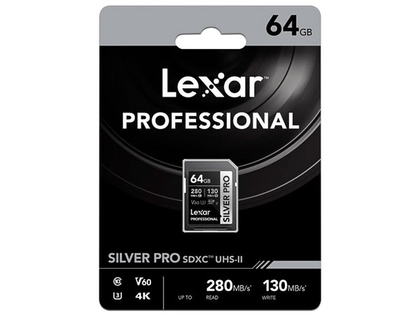 Memoria Lexar Professional Silver Pro SDXC II de 64 GB, Clase V60, Velocidad de Lectura de 280 MB/s.