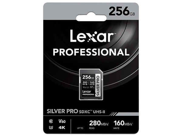 Memoria Lexar Professional Silver Pro SDXC II U3 de 256 GB, Clase V60, Velocidad de Lectura de 280 MB/s.