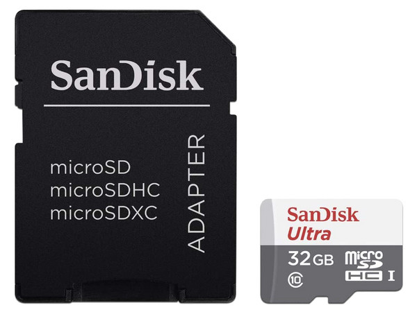 Memoria SanDisk MicroSDHC UHS-I de 32GB, Clase 10, incluye adaptador SD.
