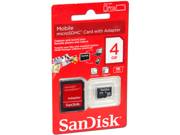 Memoria SanDisk MicroSDHC de 4 GB Clase 4, incluye adaptador SD.