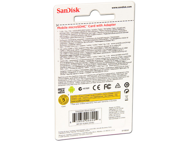 Memoria SanDisk MicroSDHC de 4 GB Clase 4, incluye adaptador SD.