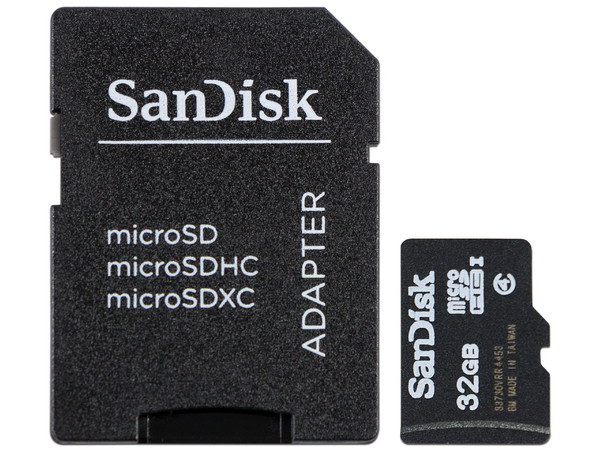 Memoria SanDisk MicroSDHC de 32 GB Clase 4, incluye adaptador SD.