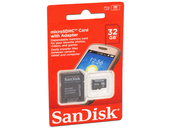 Memoria SanDisk MicroSDHC de 32 GB Clase 4, incluye adaptador SD.