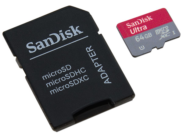 Memoria Sandisk Ultra MicroSD XC de 64 GB, Clase 10, incluye adaptador SD.