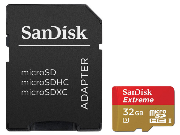 Memoria Sandisk Extreme MicroSDHC I U3 de 32 GB, Clase 10, Para Camaras de accion, incluye adaptador SD