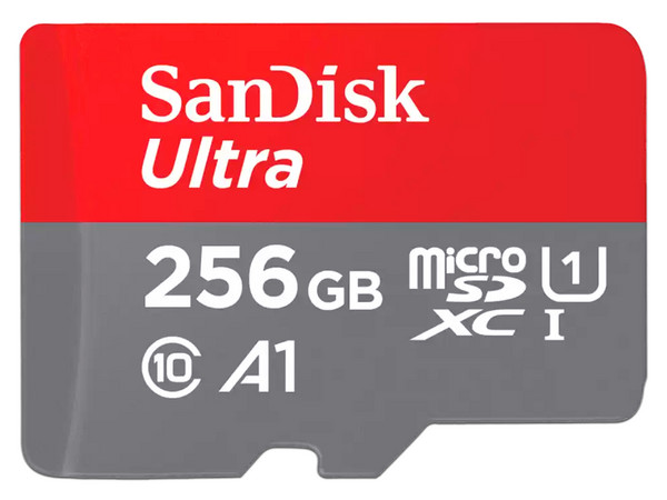 Memoria MicroSDXC A1 U1 Sandisk Ultra de 256GB, Clase 10, Incluye adaptador SD.