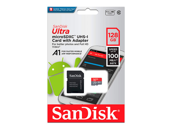 Memoria SanDisk Ultra MicroSDHC UHS-I U1 de 128 GB, Clase 10, incluye adaptador SD.