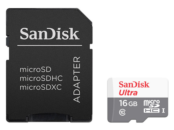 Memoria MicroSDHC Sandisk Ultra de 16GB, clase 10, incluye adaptador SD.