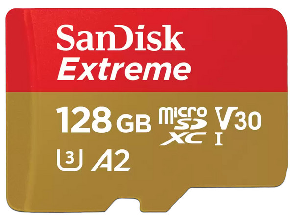 Memoria Sandisk Extreme MicroSD UHS-I U3 V30 A2 de 128GB, Clase 10, Incluye Adaptador SD.