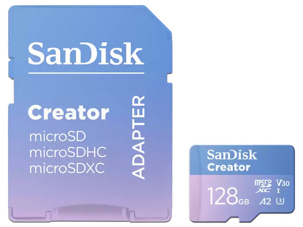 Memoria Sandisk Creator MicroSDXC UHS-I U3 V30 A2 de 128GB, Clase 10, Incluye Adaptador SD.