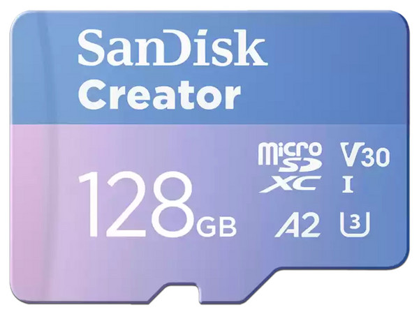 Memoria Sandisk Creator MicroSDXC UHS-I U3 V30 A2 de 128GB, Clase 10, Incluye Adaptador SD.