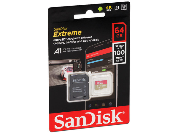 Memoria SanDisk Extreme MicroSDXC UHS-I U3 de 64 GB, clase 10, Incluye adaptador SD.