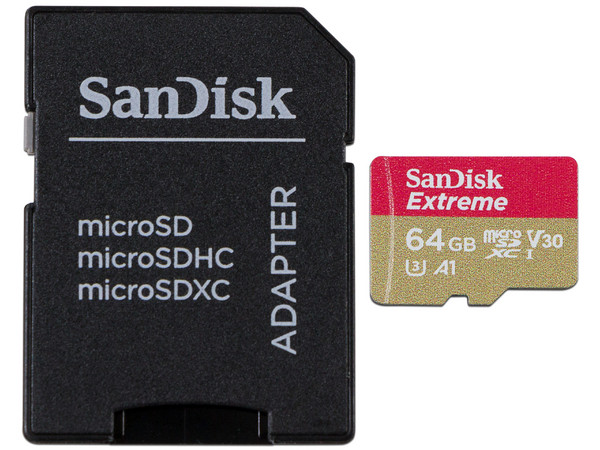 Memoria SanDisk Extreme MicroSDXC UHS-I U3 de 64 GB, clase 10, Incluye adaptador SD.