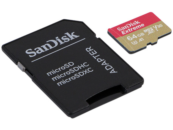 Memoria SanDisk Extreme MicroSDXC UHS-I U3 de 64 GB, clase 10, Incluye adaptador SD.